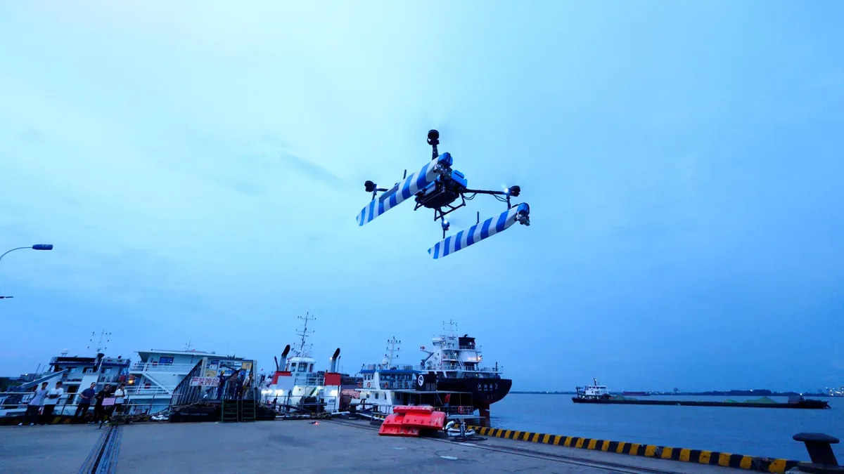 Emergency rescue drone nighttime search drill held in the lower reaches of the Yangtze River.